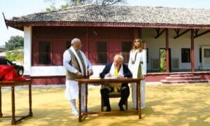 The Prime Minister, Shri Narendra Modi and the President of United States of America (USA), Mr. Donald Trump and First Lady Mrs. Melania Trump at Sabarmati Ashram, in Ahmedabad, Gujarat on February 24