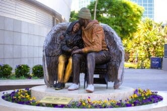 The newly statue of late Los Angeles Lakers star Kobe Bryant and his daughter, Gigi Bryant, is unveiled outside Crypto.com Arena August. 3, 2024, in Los Angeles