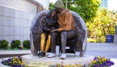 The newly statue of late Los Angeles Lakers star Kobe Bryant and his daughter, Gigi Bryant, is unveiled outside Crypto.com Arena August. 3, 2024, in Los Angeles