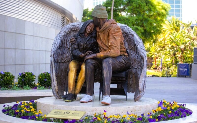 The newly statue of late Los Angeles Lakers star Kobe Bryant and his daughter, Gigi Bryant, is unveiled outside Crypto.com Arena August. 3, 2024, in Los Angeles