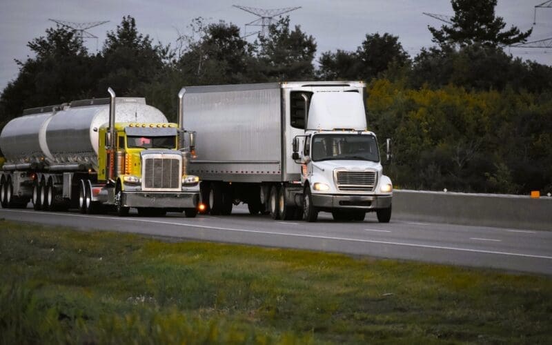 Trucks on US roads transporting groceries and goods