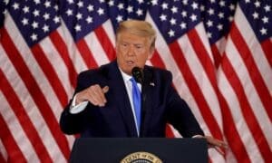 U.S. President Donald Trump speaks on election night in the East Room of the White House in the early morning hours of November 04, 2020 in Washington, DC