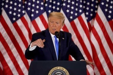 U.S. President Donald Trump speaks on election night in the East Room of the White House in the early morning hours of November 04, 2020 in Washington, DC