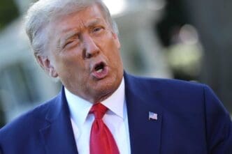 U.S. President Donald Trump talks to reporters as he departs the White House September 21, 2020 in Washington, DC