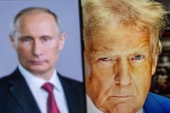 A split image with a sharp portrait of Donald Trump on the right and a blurred portrait of Vladimir Putin on the left.