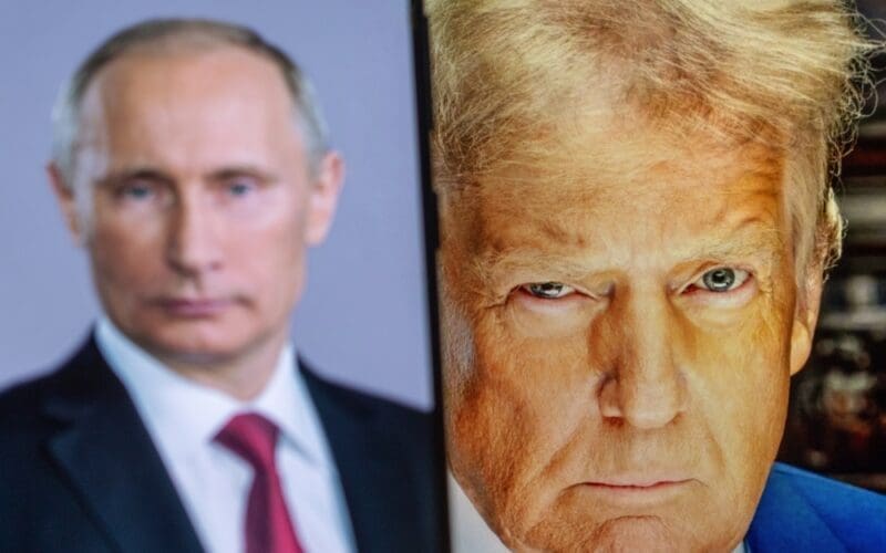 A split image with a sharp portrait of Donald Trump on the right and a blurred portrait of Vladimir Putin on the left.