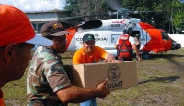 USAID packages are delivered by United States Coast Guard personnel. By United States Coast Guard - flickr.com, Public Domain, via Wikimedia Commons.