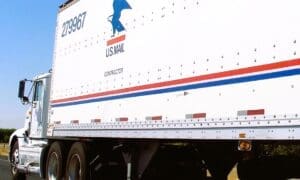 USPS contractor-driven semi-trailer truck seen near Mendota, California