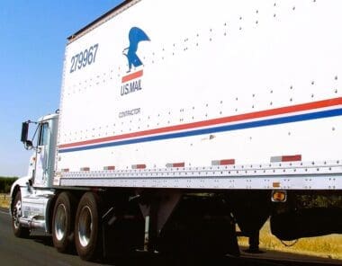 USPS contractor-driven semi-trailer truck seen near Mendota, California