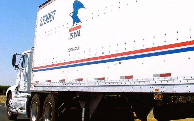 USPS contractor-driven semi-trailer truck seen near Mendota, California