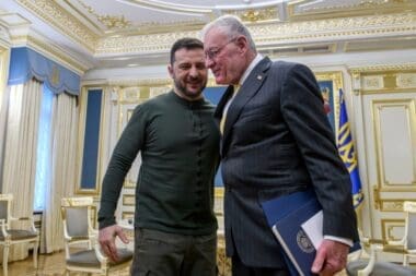 Ukrainian President Volodymyr Zelenskiy and U.S. President Donald Trump's special envoy, General Keith Kellogg, meet in Kyiv, Ukraine, on February 20, 2025