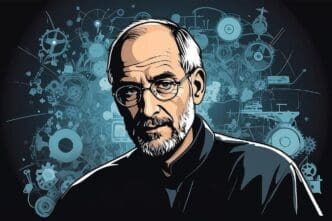 A vector illustration of Steve Jobs, a bald man with a beard and glasses, against a background of technological gears and circuits.