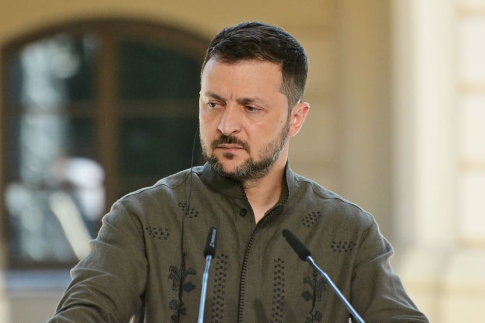 Volodymyr Zelenskyy, President of Ukraine, takes part in a joint briefing on the 33rd anniversary of the independence of Ukraine on August 24, 2024 in Kyiv, Ukraine