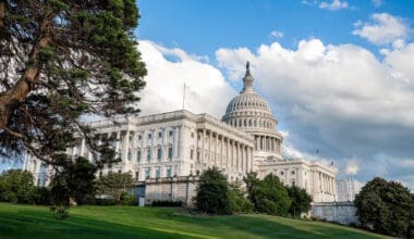 Wide low-angle view of the United States Capitol in Washington, DC