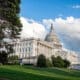 Wide low-angle view of the United States Capitol in Washington, DC