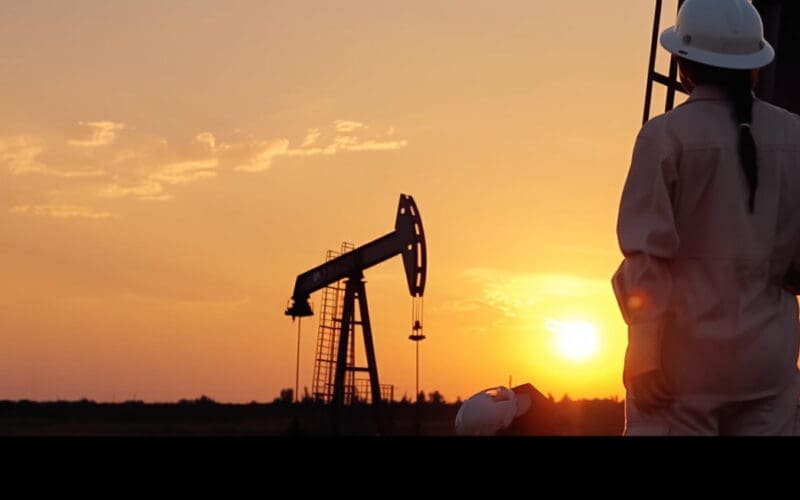 Worker and oil rig against the backdrop of a sunset