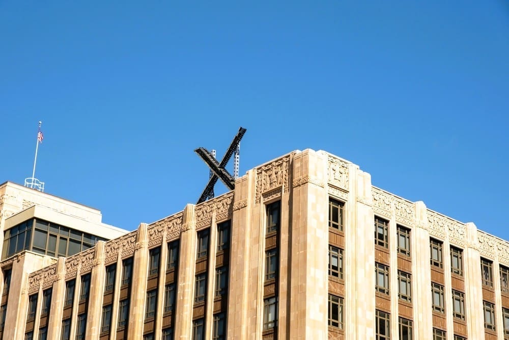 X logo in San Francisco on top of Twitter building before being removed for not having the correct permits, San Francisco, CA, July 30, 2023