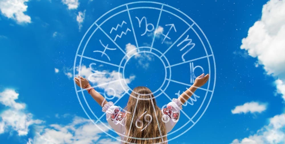 Young girl embodying success and fortune with a horoscope wheel