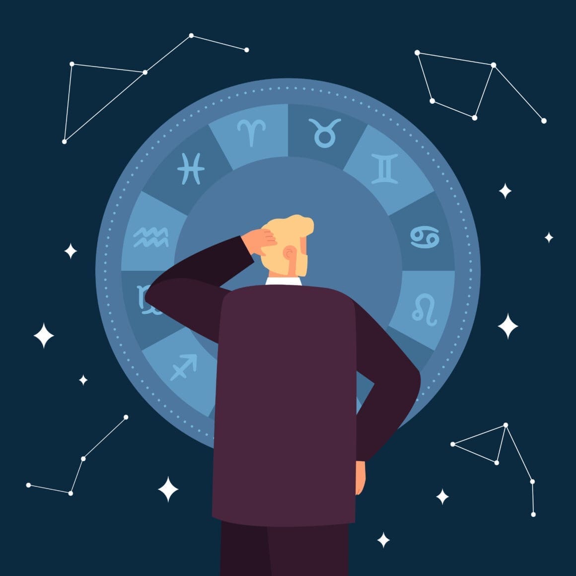 Man in doubt looking at circle with twelve zodiac signs