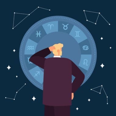Man in doubt looking at circle with twelve zodiac signs