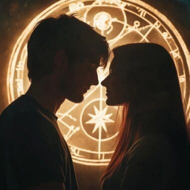 A couple shares a romantic moment, silhouetted against a celestial and astrological backdrop in a softly illuminated setting