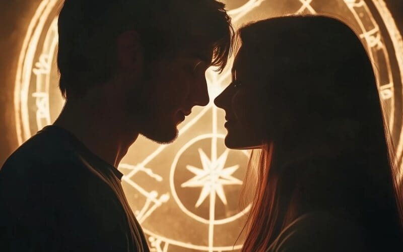 A couple shares a romantic moment, silhouetted against a celestial and astrological backdrop in a softly illuminated setting