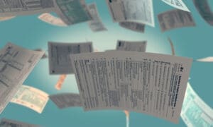 several Usa tax forms flying (3d render)