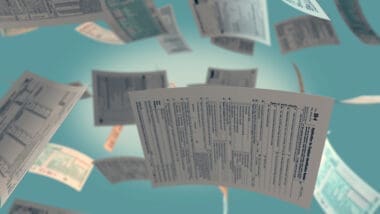 Several Usa tax forms flying (3d render)