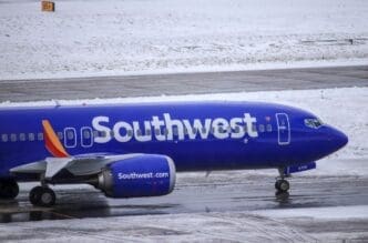 A Southwest Airlines Boeing 737 MAX 8 taxiing to the gate after landing at Portland International Airport (PDX)