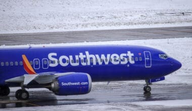 A Southwest Airlines Boeing 737 MAX 8 taxiing to the gate after landing at Portland International Airport (PDX)