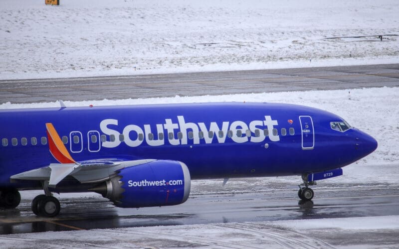 A Southwest Airlines Boeing 737 MAX 8 taxiing to the gate after landing at Portland International Airport (PDX)