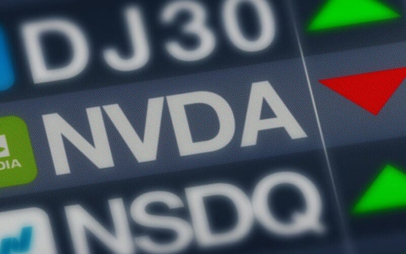 Nvidia stock or shares trade red falling down. Nvidia financial crash or loss. Stock exchange market concept