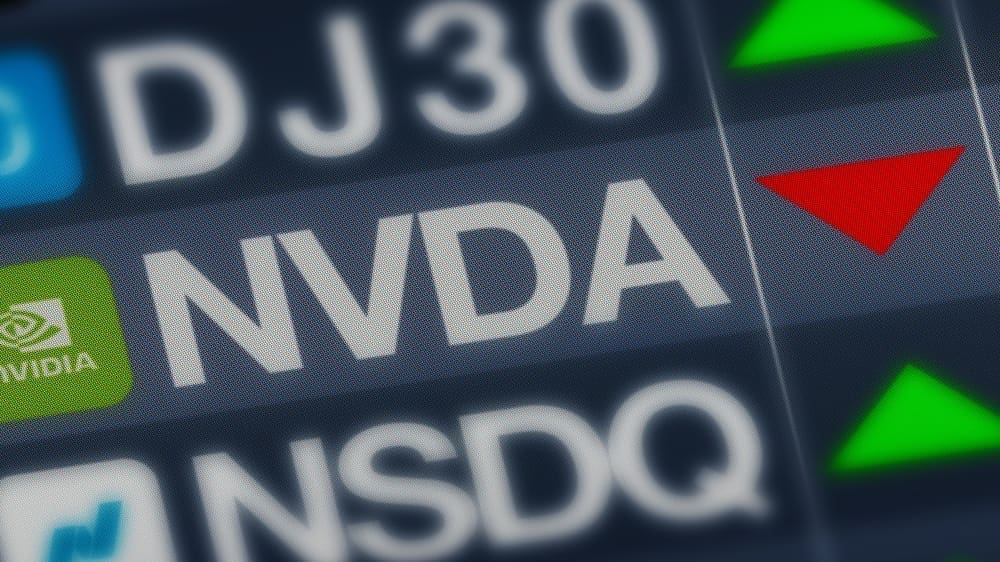Nvidia stock or shares trade red falling down. Nvidia financial crash or loss. Stock exchange market concept