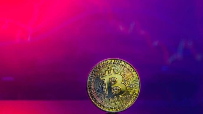 Closeup of a golden Bitcoin