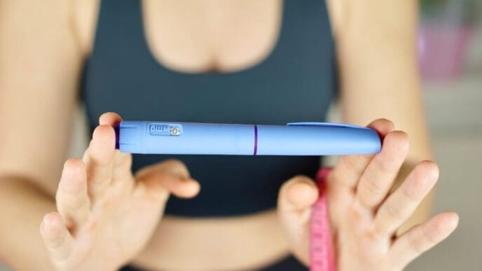A girl in sportswear is holding an Ozempic insulin pen and a tape measure to measure her waist. By Shutterstock - Pietukhova
