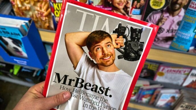 A hand holding Time magazine with James Stephen Donaldson aka MrBeast on cover