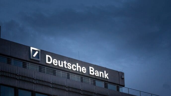 AACHEN, GERMANY - NOVEMBER 8, 2022 Selective blur on a deutsche bank logo on their office for Aachen at night. Deutsche bank is a germany bank specialized in investment and financial services.
