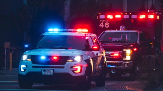 American Police Car and Emergency truck with Blue and red lights