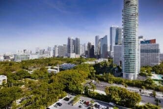 Breathtaking view of Miami's buildings, urban landscape, and green spaces for a relaxing lifestyle