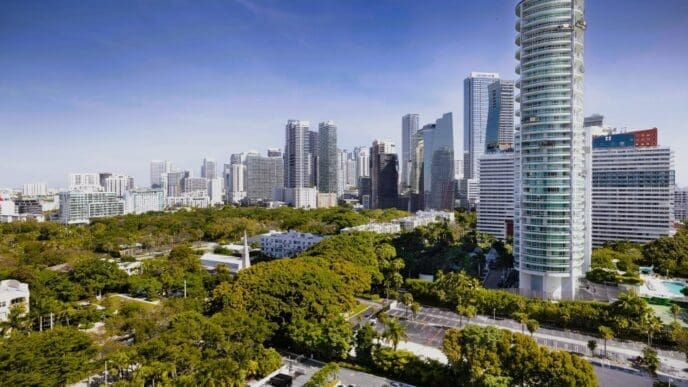 Breathtaking view of Miami's buildings, urban landscape, and green spaces for a relaxing lifestyle