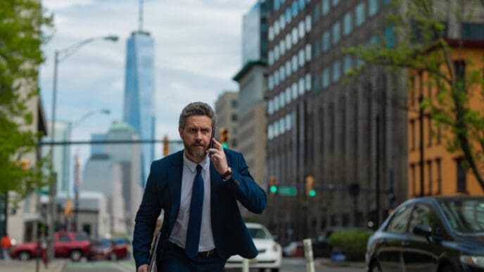 Businessman with phone run in NY Business talk