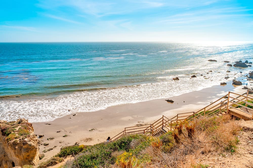 Matador beach and beautiful landscape with rocks and ocean against blue sky, California