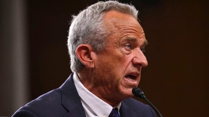 A close-up side-profile of Robert F. Kennedy Jr. speaking into a microphone