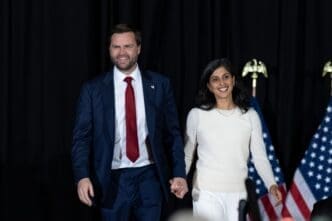 Atlanta, Georgia, USA - 4th Nov, 2024. Ohio Senator JD Vance arrives with his wife Usha Vance at the Vice Presidential Nominee’s election rally at the Cobb Galleria Center in Atlanta, Georgia.