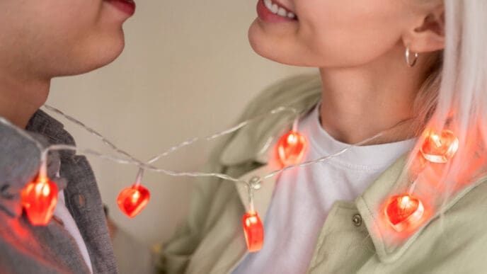 Close up romantic couple with lights
