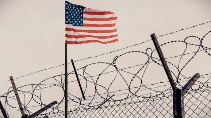 Concept of the Guantanamo Bay Naval Base featuring a wire fence with the US flag, symbolizing immigration and homeland security in the United States