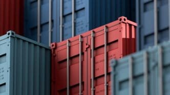 Containers stacked on a cargo freight ship for import and export logistics