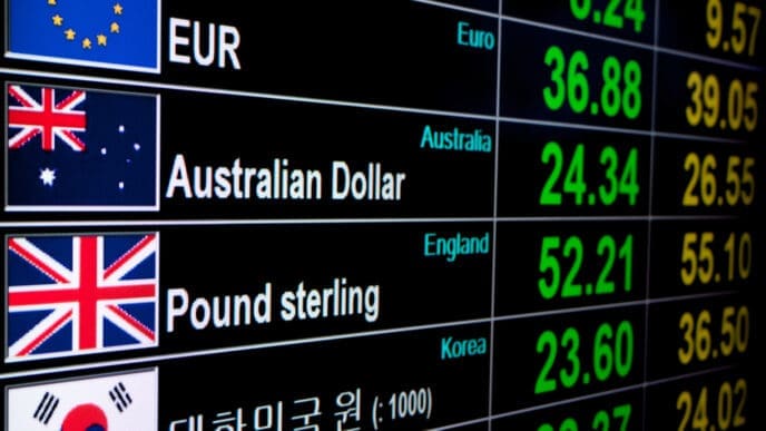 Currency exchange rate on digital LED display board. By Shutterstock.com - Bankoo