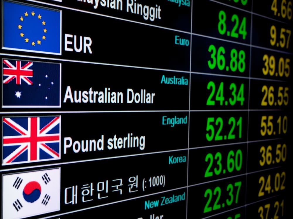Currency exchange rate on digital LED display board. By Shutterstock.com - Bankoo