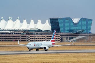 DENVER, USA-OCTOBER 17 Boeing 737 operated by American taxis on October 17, 2020 at Denver International Airport, Colorado. American Airlines is a major airline headquartered in Fort Worth, Texas.